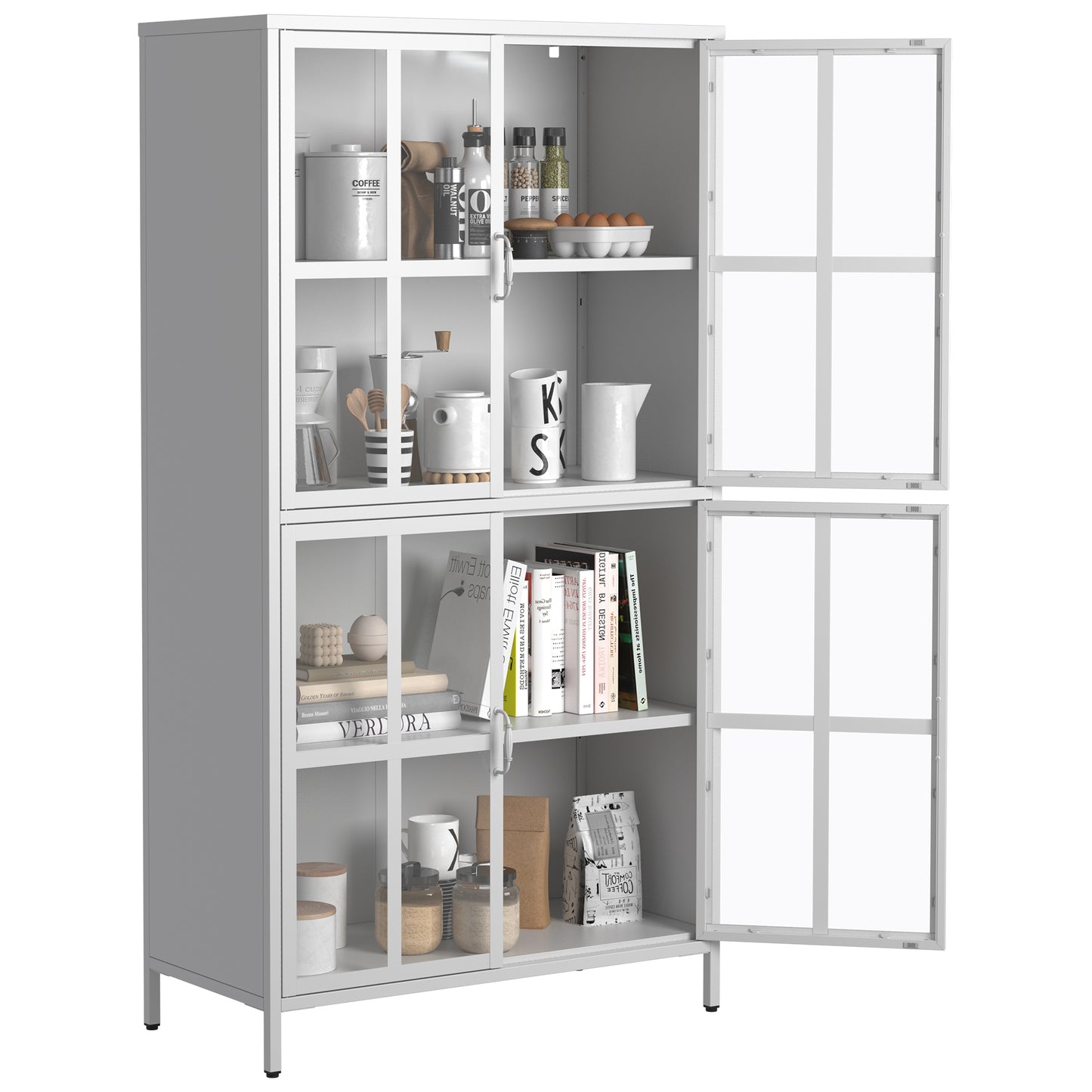 Premium Metal Storage Cabinet with Tempered Glass Doors,Sideboards & Buffets, Adjustable Shelves, Anti-Tipping Device, Magnetic Silent Closure, and Adjustable Feet for Home and Office Use