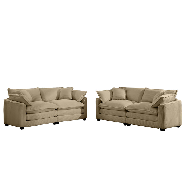 Modern Fabric Living Room Sofa Two Piece Set, Two 2-Seater Sofas with 8 Cushion Upholstery Large Deep Seat Recliner, Tan Corduroy Fabric