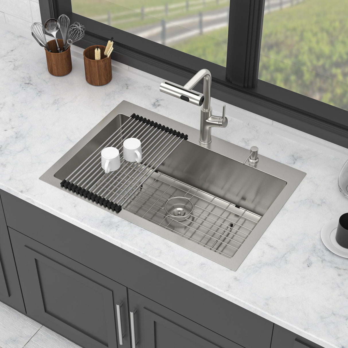 Drop-In Kitchen Sink With Pull-Out Faucet And Soap Dispenser