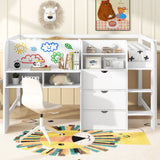 Low Loft Bed With Built In Desk, Storage Cabinets, Open Bookcase And Doodle Blackboard
