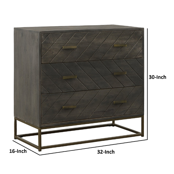 Roy 32 Inch 3 Drawer Mango Wood Dresser Chest, Rustic Bronze Metal Frame, Gray