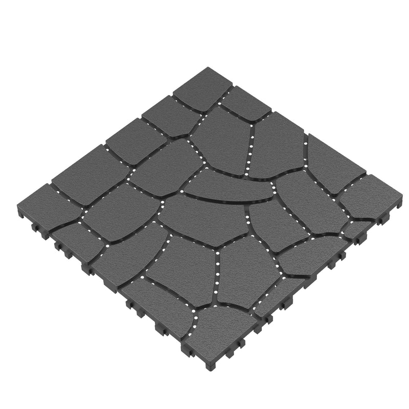 Stone Texture Patio Deck Tiles, Diy Interlocking Outdoor Floor Tiles (Set of 44) - Dark Grey