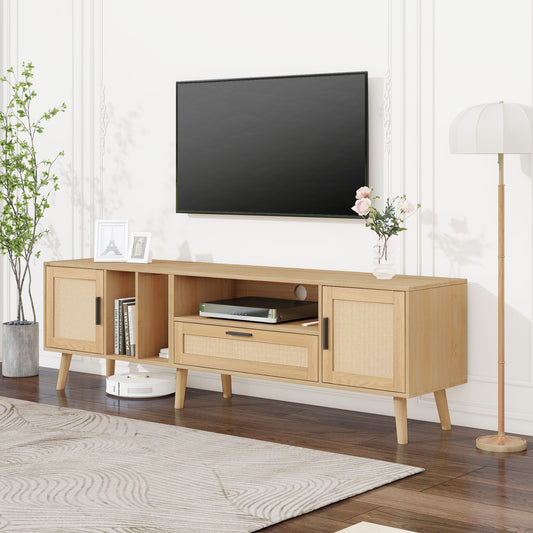 Rattan TV Stand with 2 Cabinets & 2 Open Shelves, Rattan-inspired Media Console Table for TVs up to 80'', Entertainment Center with Solid Wood Legs, TV cabinet for Living room, Bedroom, Home Theatre