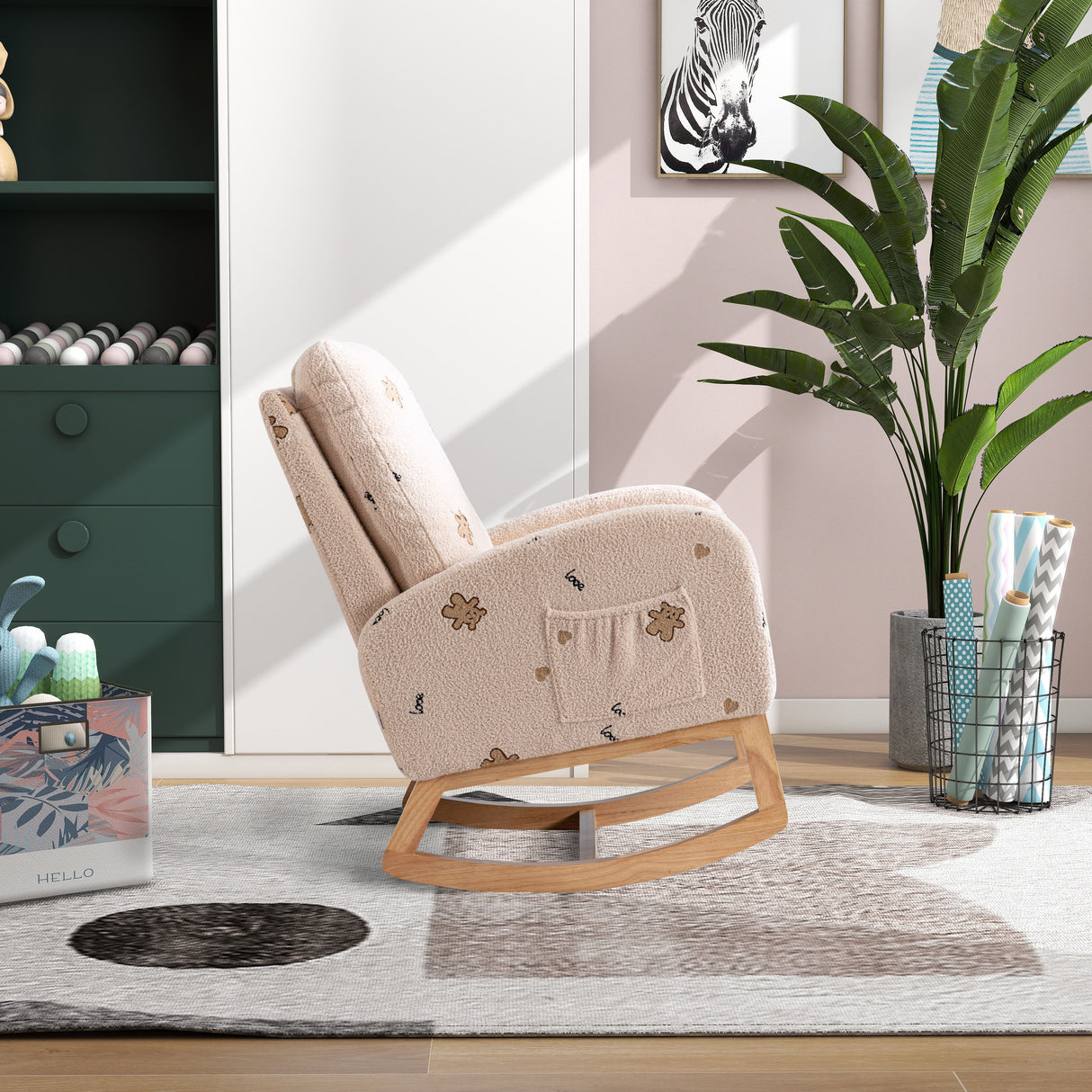 Modern Accent Rocker Armchair With Side Pocket, Upholstered High Back