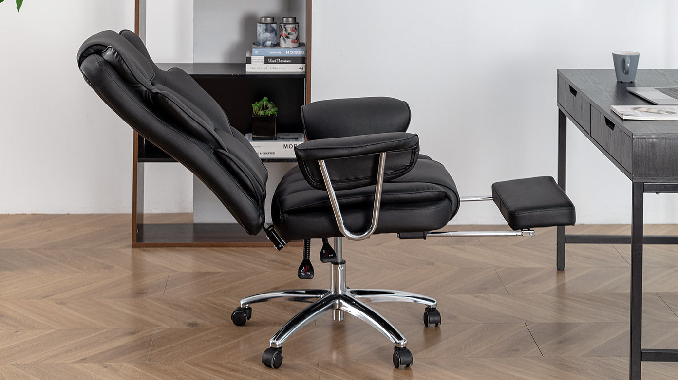 Office Chair, Big and Tall Executive Office Chair with Footrest, Leather Computer Chair, Ergonomic Reclining Chair High Back, Large Home Office Chair (Black)