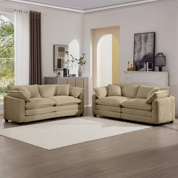 Modern Fabric Living Room Sofa Two Piece Set, Two 2-Seater Sofas with 8 Cushion Upholstery Large Deep Seat Recliner, Tan Corduroy Fabric