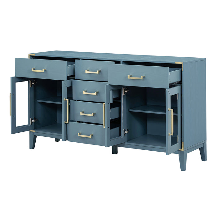 TREXM 6-drawer and 2-Cabinet Retro Sideboard with Extra Large Storage Space, with Gold Handles and Solid Wood Legs, for Kitchen and Living Room (Antique Blue)