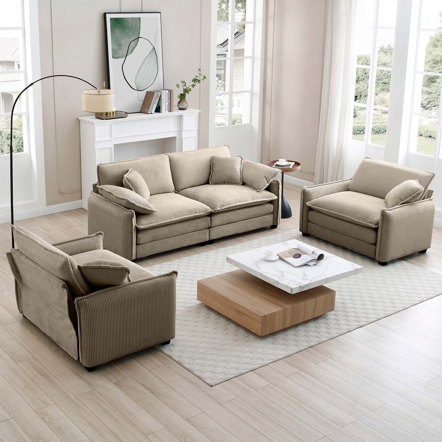 Luxurious and Sophisticated Sofa Set with Soft Cushions and Pillows, Sofa Set for Living Rooms and Clubs as well as Home Theaters, Consisting of Two Single Sofas and a 2-Seaters  Sofas in Tan Corduroy