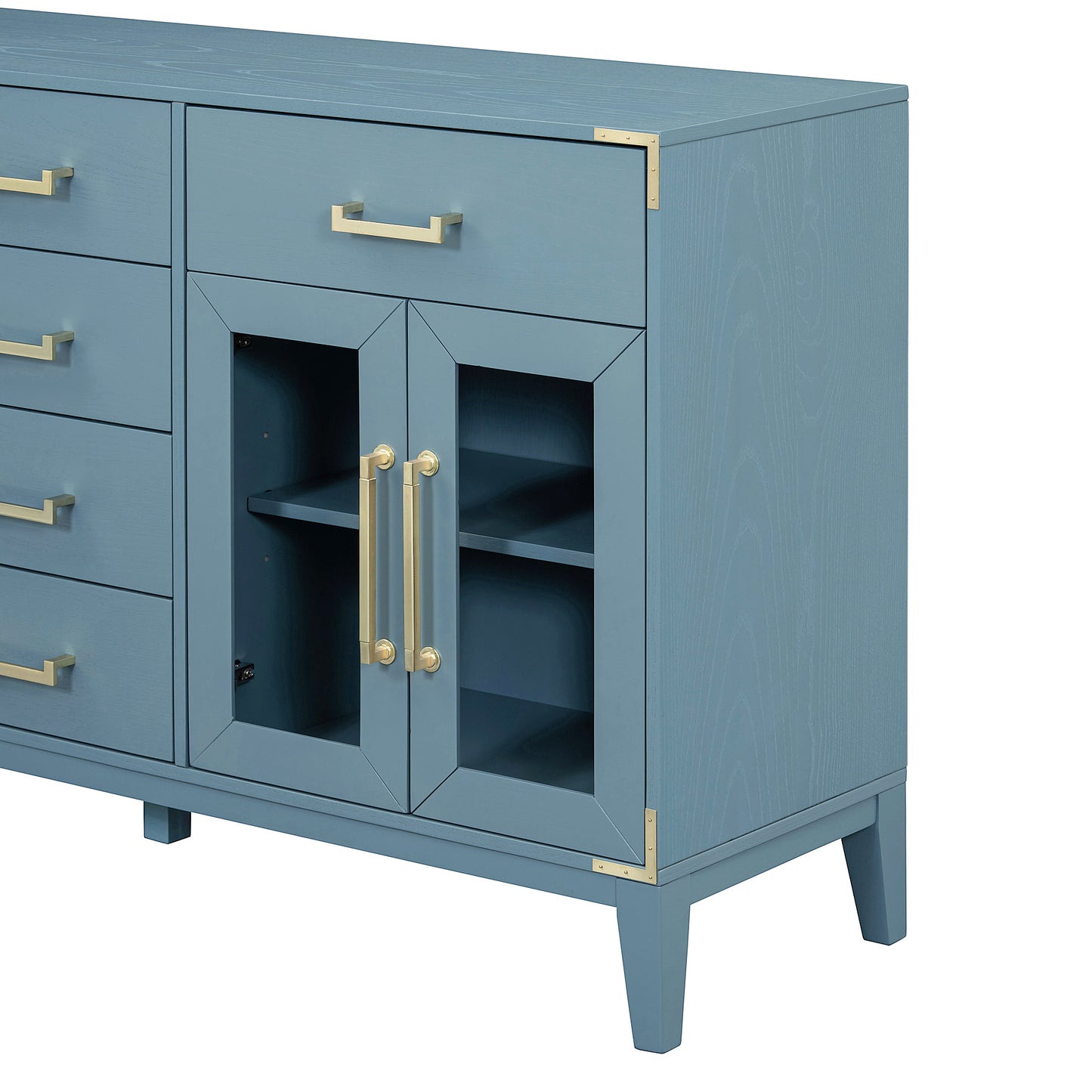 TREXM 6-drawer and 2-Cabinet Retro Sideboard with Extra Large Storage Space, with Gold Handles and Solid Wood Legs, for Kitchen and Living Room (Antique Blue)