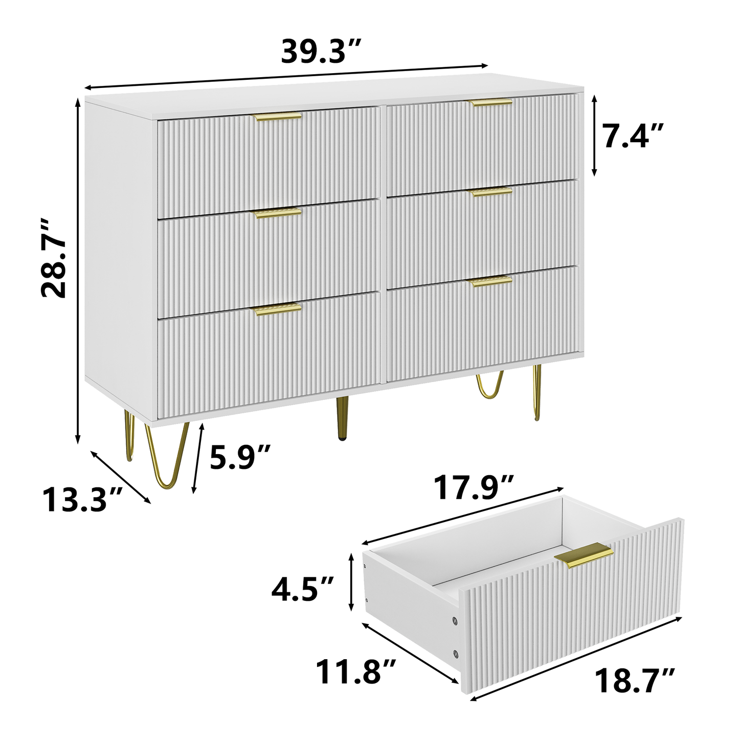 Modern white 6 Drawers for Bedroom,small size Wooden drawers with Gold Handles,  Chest Dresser with Deep Drawers for living room