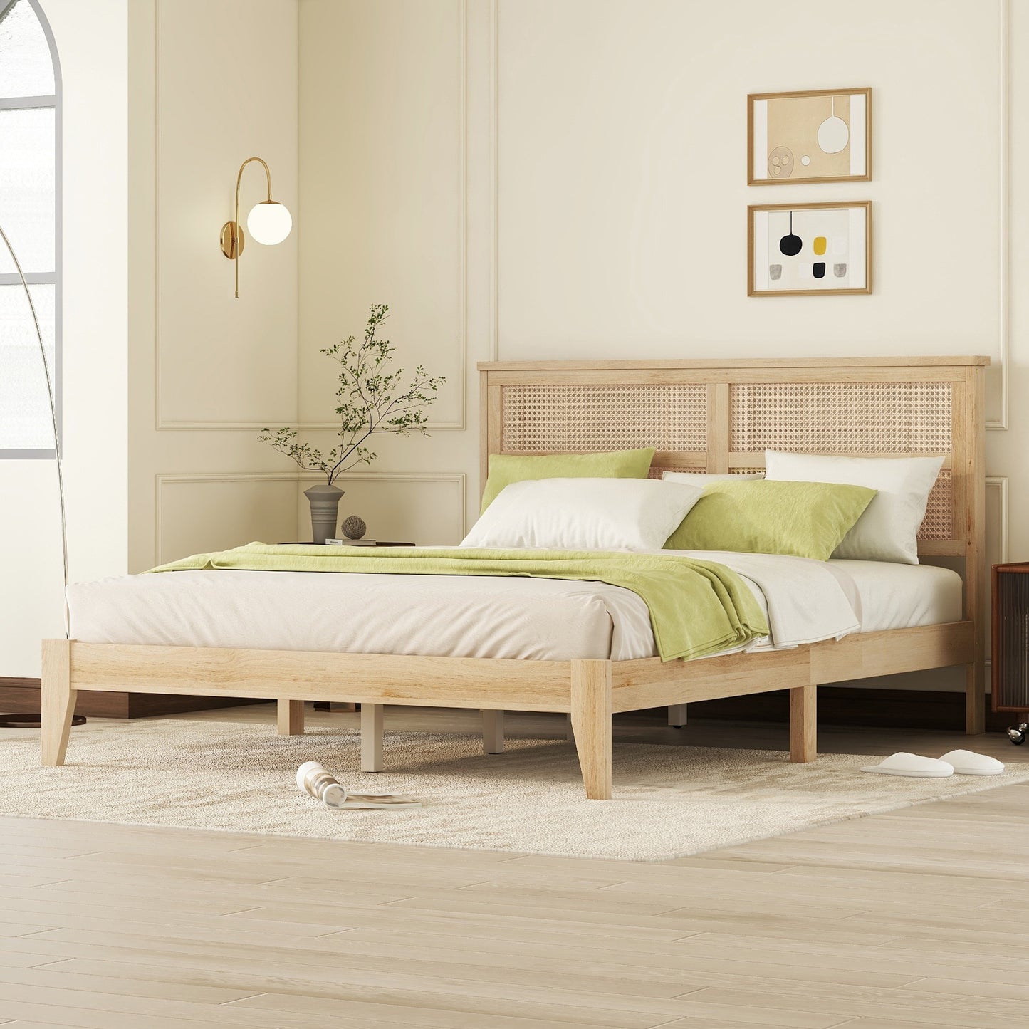 Queen Size Rubber Wooden, Solid Wooden Bed with Rattan Headboard, Enhanced by Support Feet,Oak White