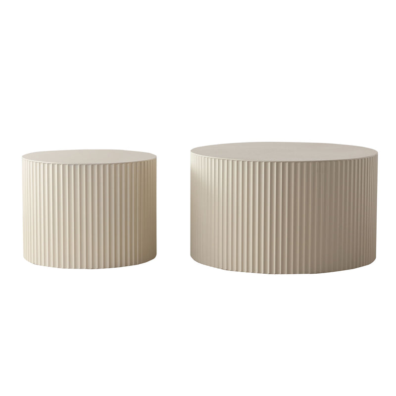 Drum Nesting Coffee Table With Wave Stripe Design For Living Room (Set of 2) - Beige / White