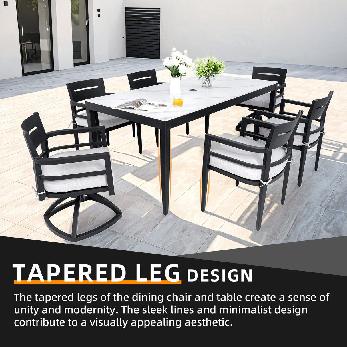 7 Pieces Modern Outdoor Patio Dining Set, Rectangular Dining Table, 4 Chairs & 2 Swivel Rockers, Sunbrella Cushions - Ember Black / White