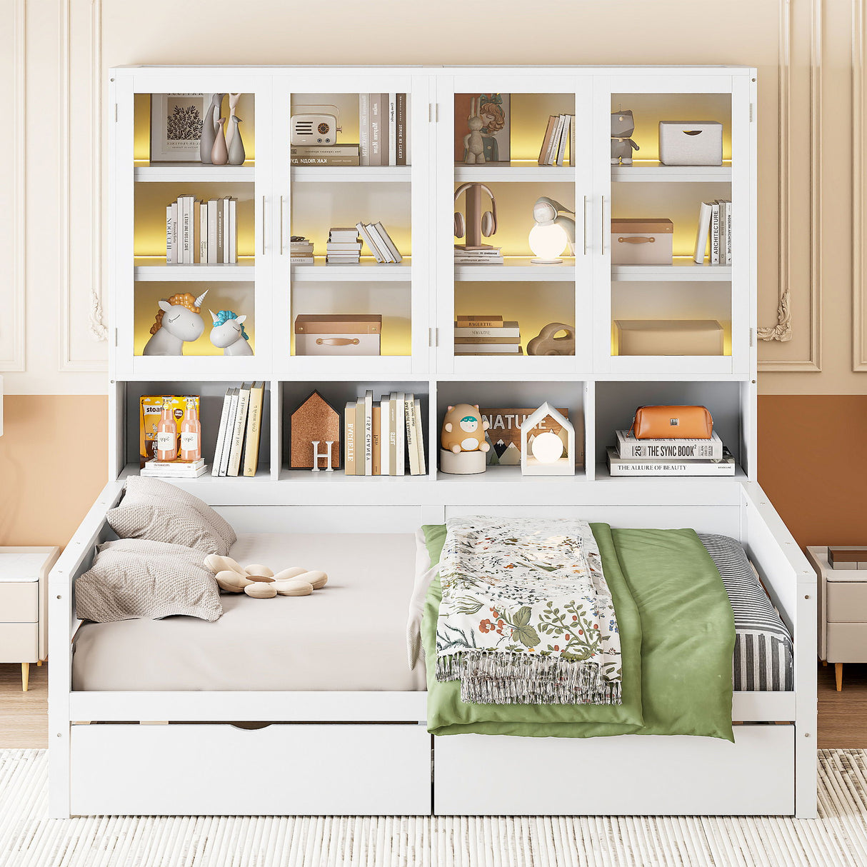 Daybed With Glass Door Storage Cabinets, Built In LED Lighting And Shelves
