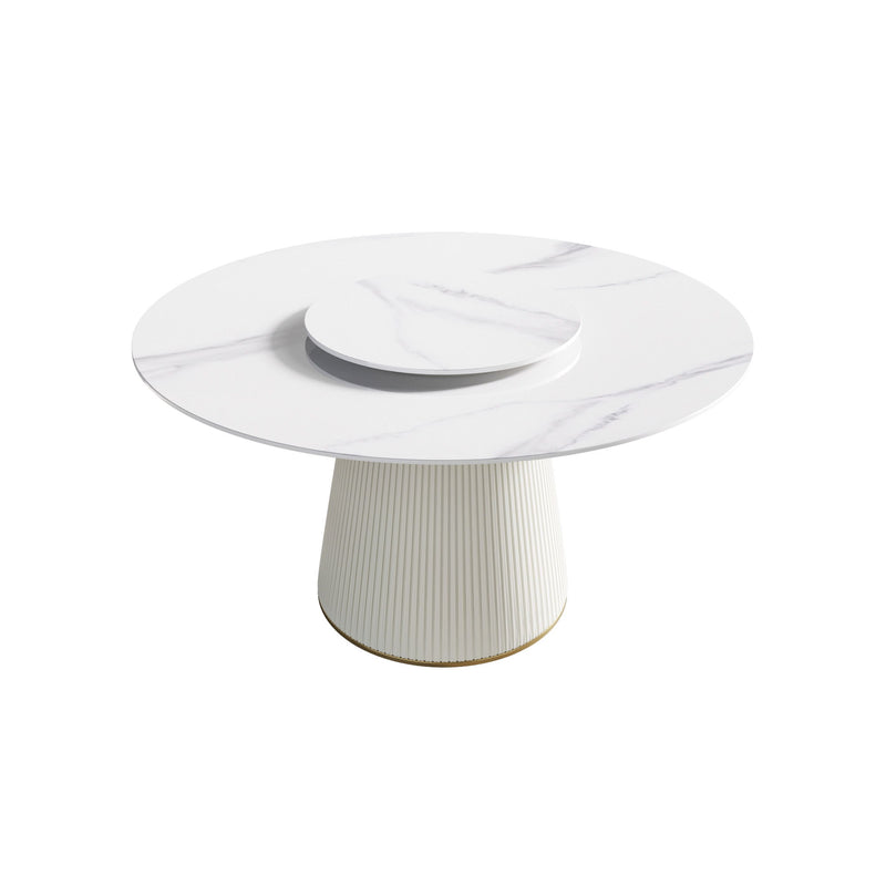 Modern Artificial Stone Round Plywood Base Dining Table, Can Accommodate 6 People, Artificial Stone Turntable (Not Including Chairs) - White / Beige