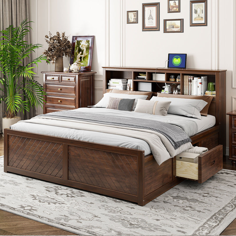 Platform Bed With Multi Storage Headboard, USB And Drawers