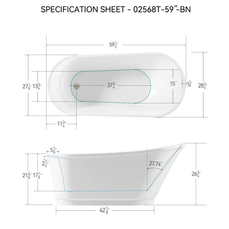 Freestanding Bathtub Modern Stand Alone Soaking Bathtub - Brushed Nickel Drain And Minimalist Linear Design Overflow Included, Cupc Certified - White