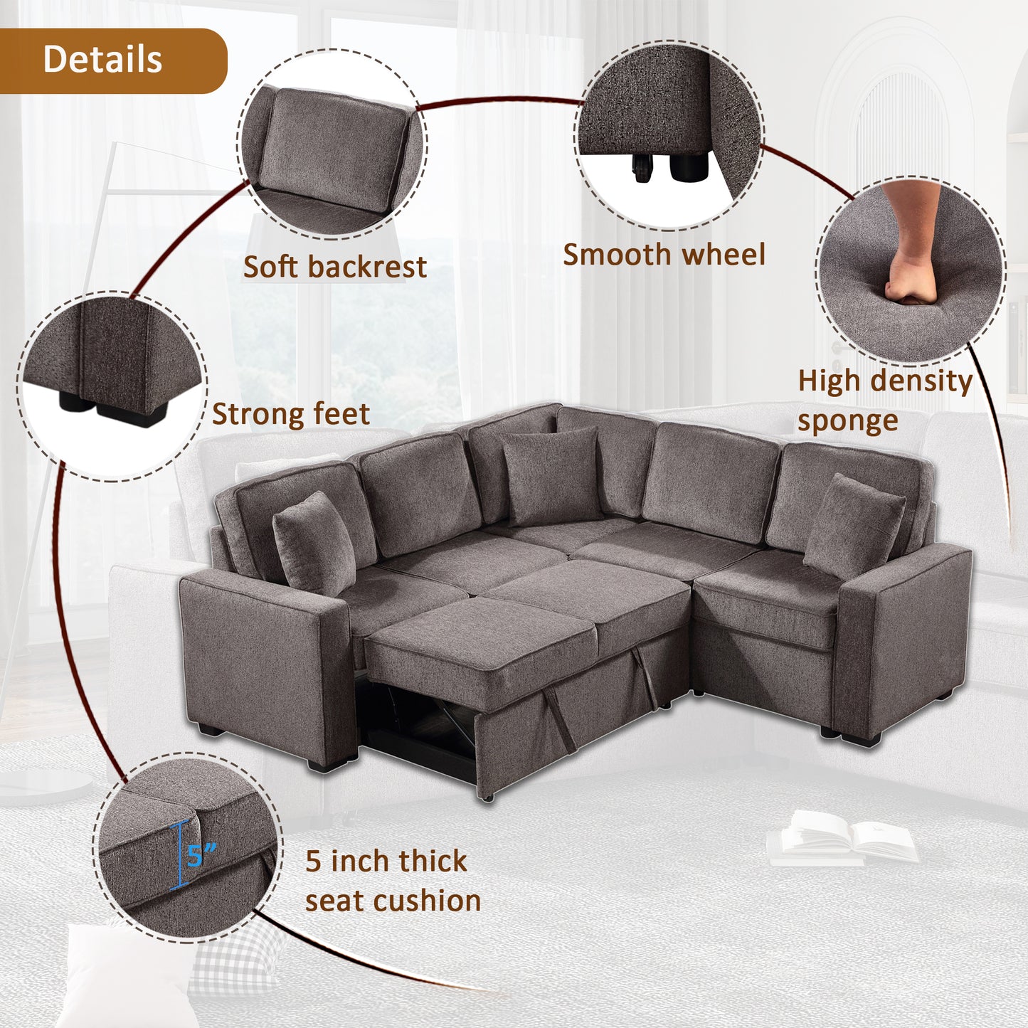 Modular Sofa, Sectional Couch L Shaped Sofa Couch with Pullout Sleeper, 5 Seat Chenille Corner Sofa for Living Room, 3 Pillows Included, Light Brown