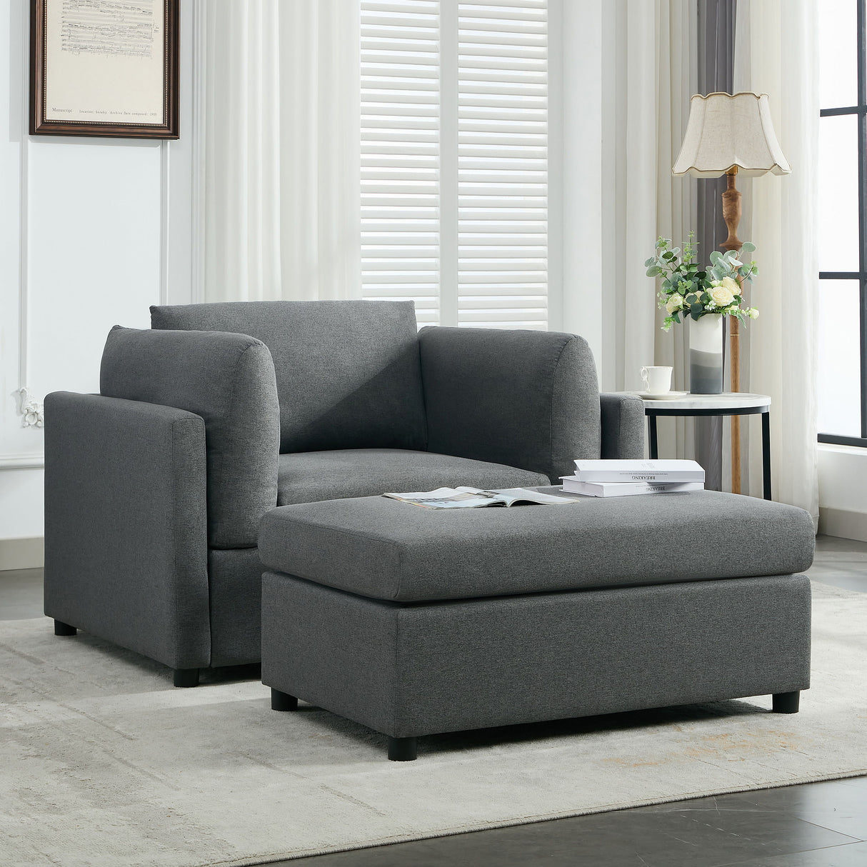 Wide Modern Oversized Armchair With Ottoman Stool, Single Sofa With Lumbar Support, Accent Chair