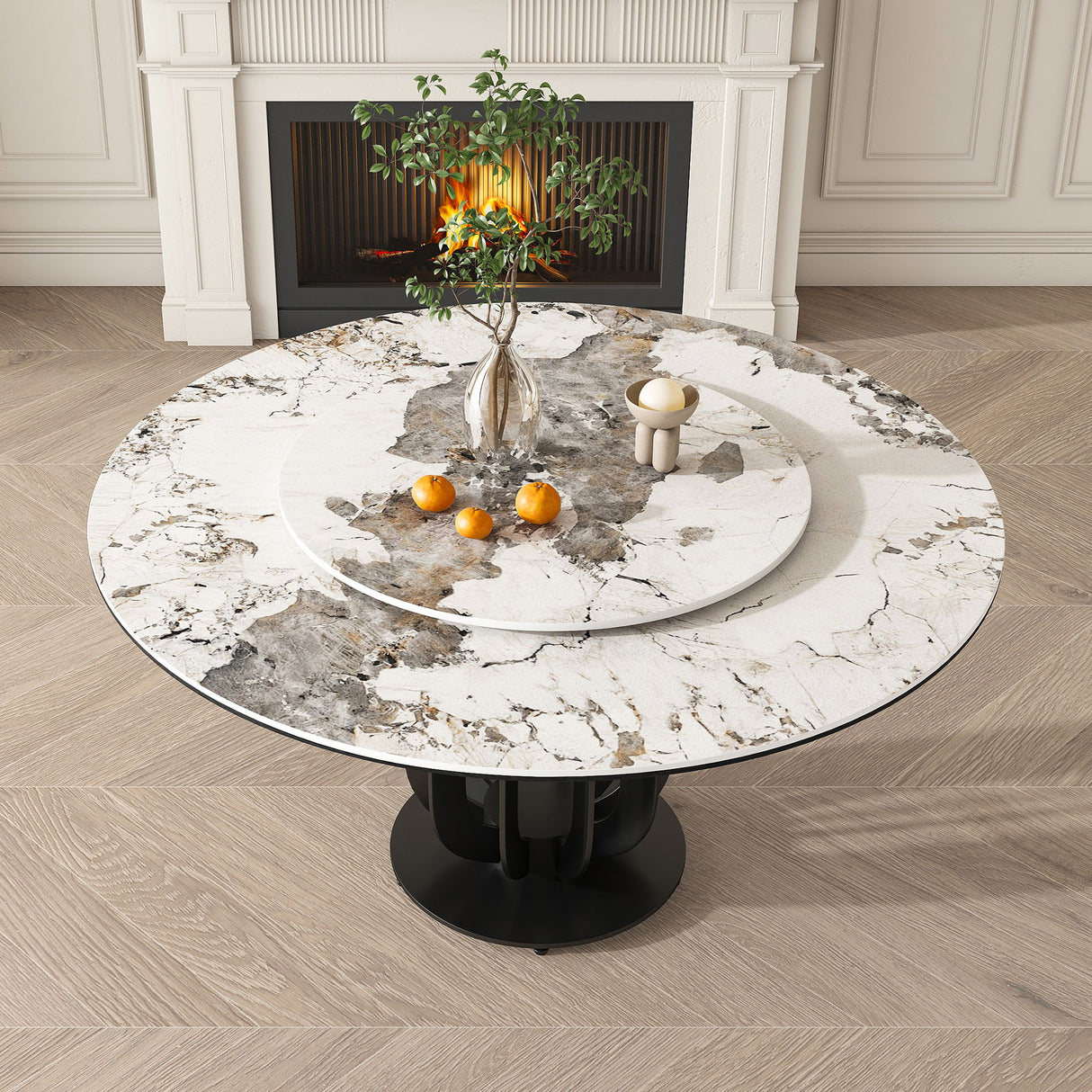 Round Dining Table With Carbon Steel Base And Lazy Susan Industrial Style - Black / White