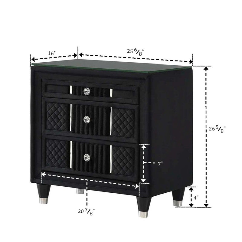 1 Piece Nightstand Upholstery Textured Look Luxurious Feel Drawer Fronts Crystal Style Knobs - Black
