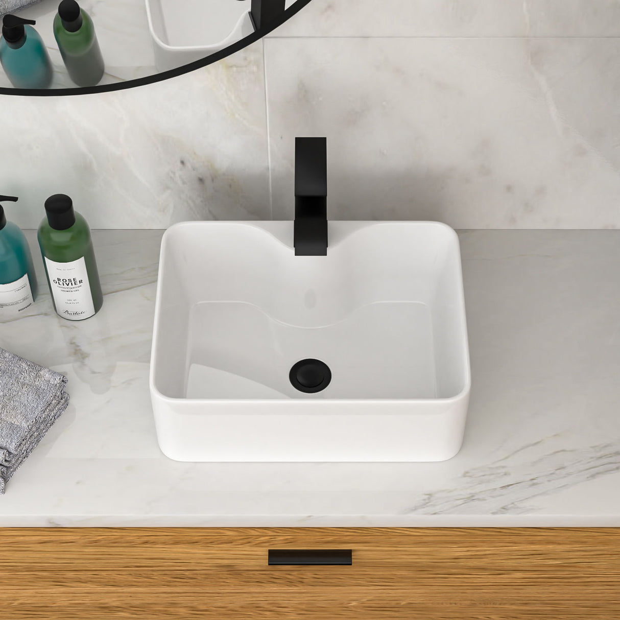 Rectangular Vessel Sink With Faucet & Drain - White / Black