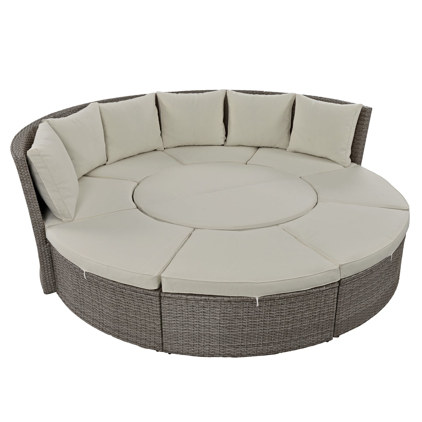 TOPMAX Patio 5-Piece Round Rattan Sectional Sofa Set All-Weather PE Wicker Sunbed Daybed with Round Liftable Table and Washable Cushions for Outdoor Backyard Poolside, Gray