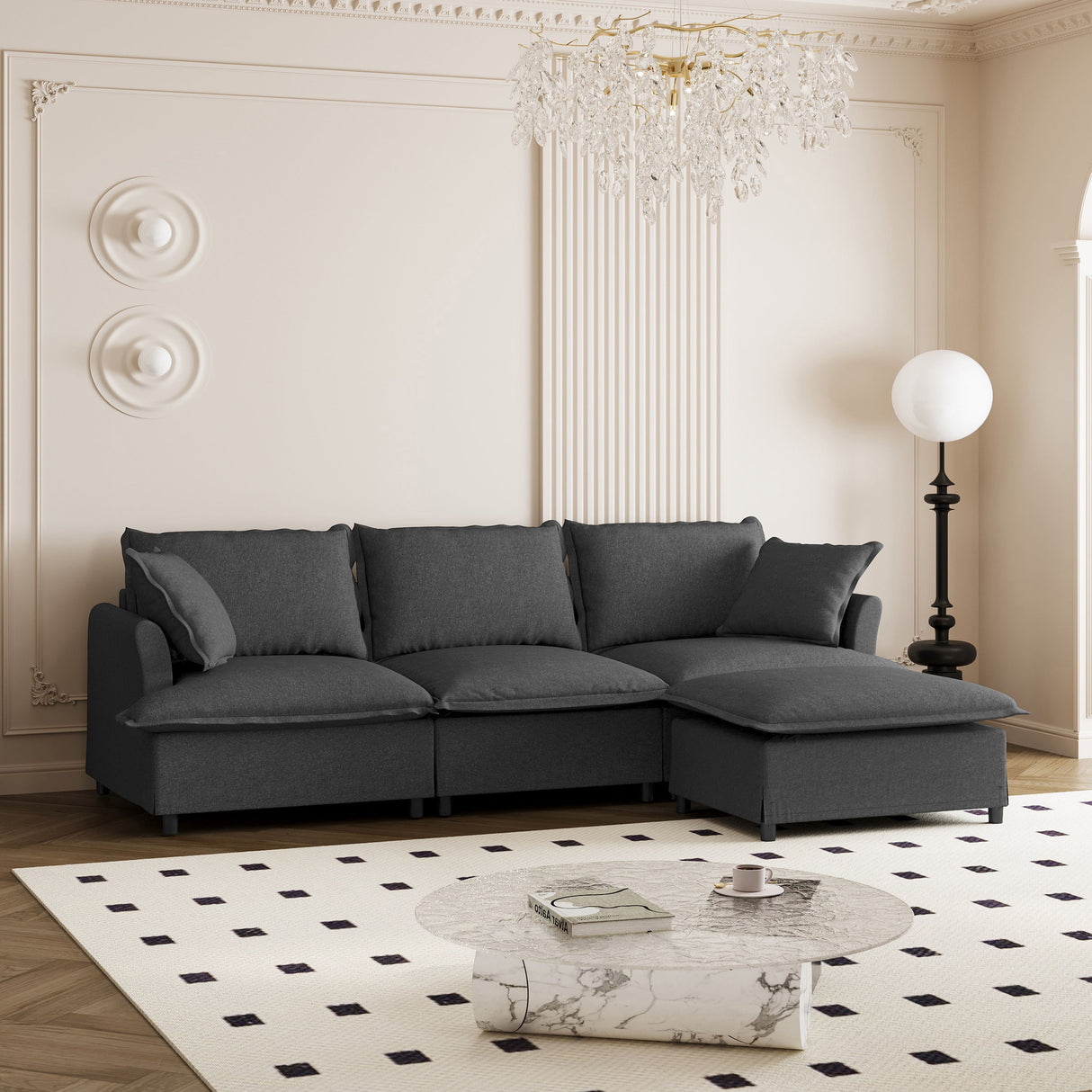 Sectional Sofa With Ottoman Cloud Couch Set With Throw Pillows, Free Combination