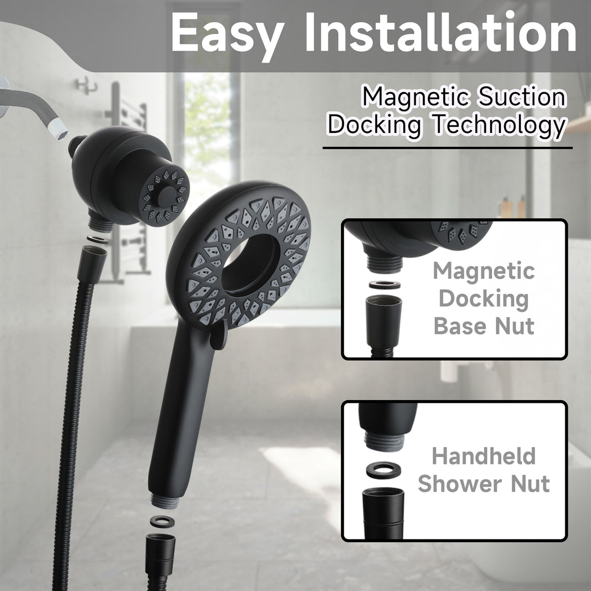 High Pressure Shower Heads 6 Spray Mode Handheld Shower With 60" Stainless Steel Hose - Matte Black
