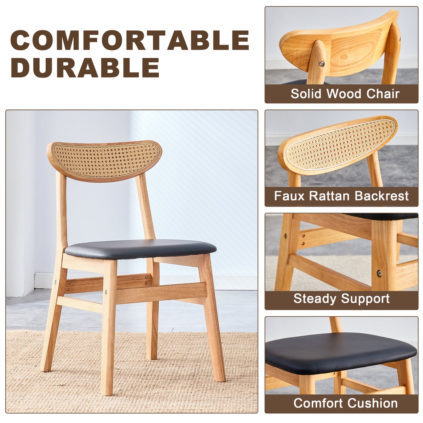 The stylish and durable solid wood dining chair, small curved back, PU cushion, and beautiful shape match perfectly with any room and everyday use