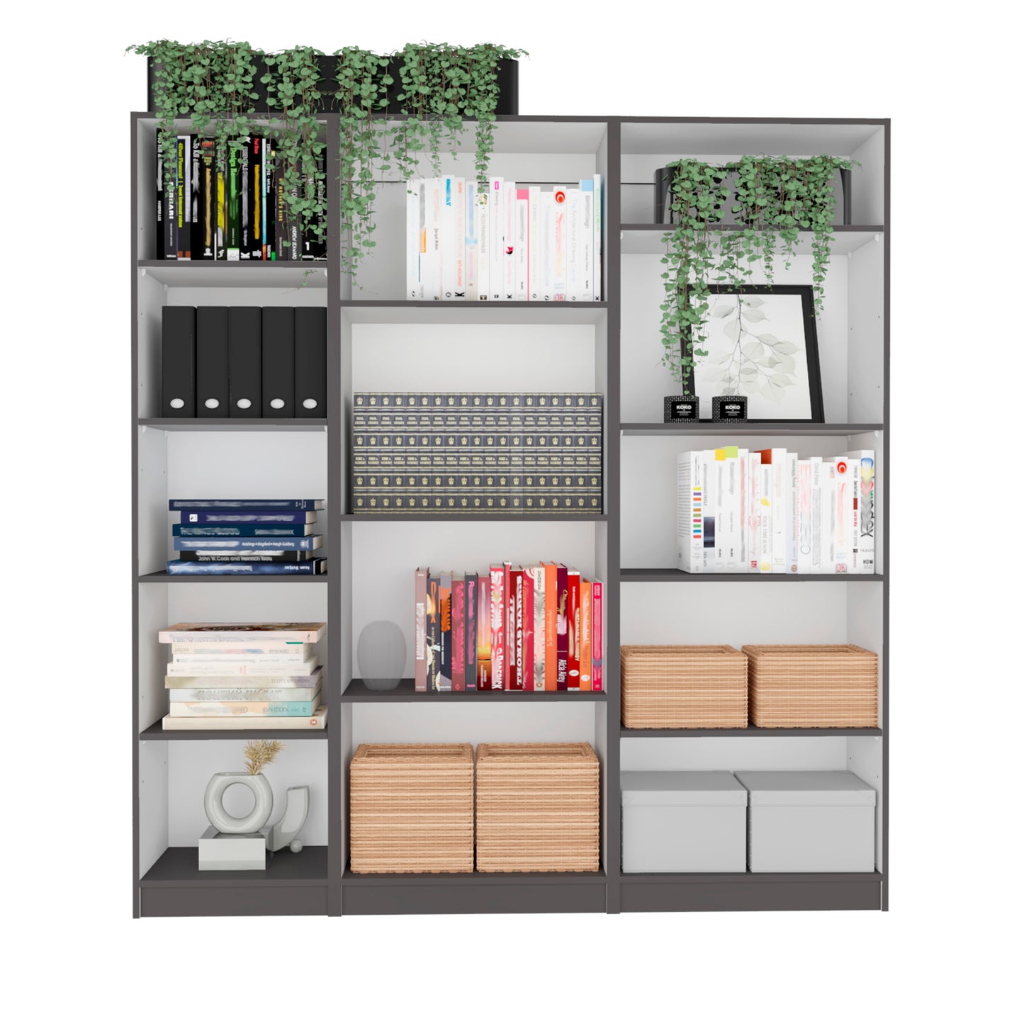 Dupree 3 Piece Home Bookcase set, 67" Wide with 14 Shelves ,  Living Room Set Set  Mat Gray - White