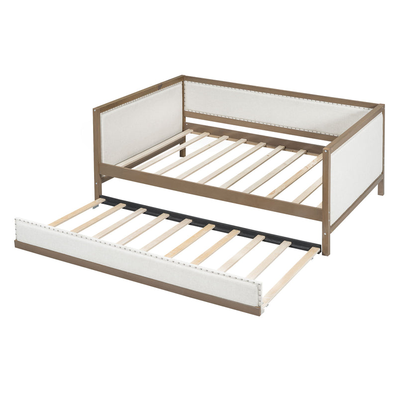 Full Size Daybed With Trundle And Nailhead Decoration - Wood