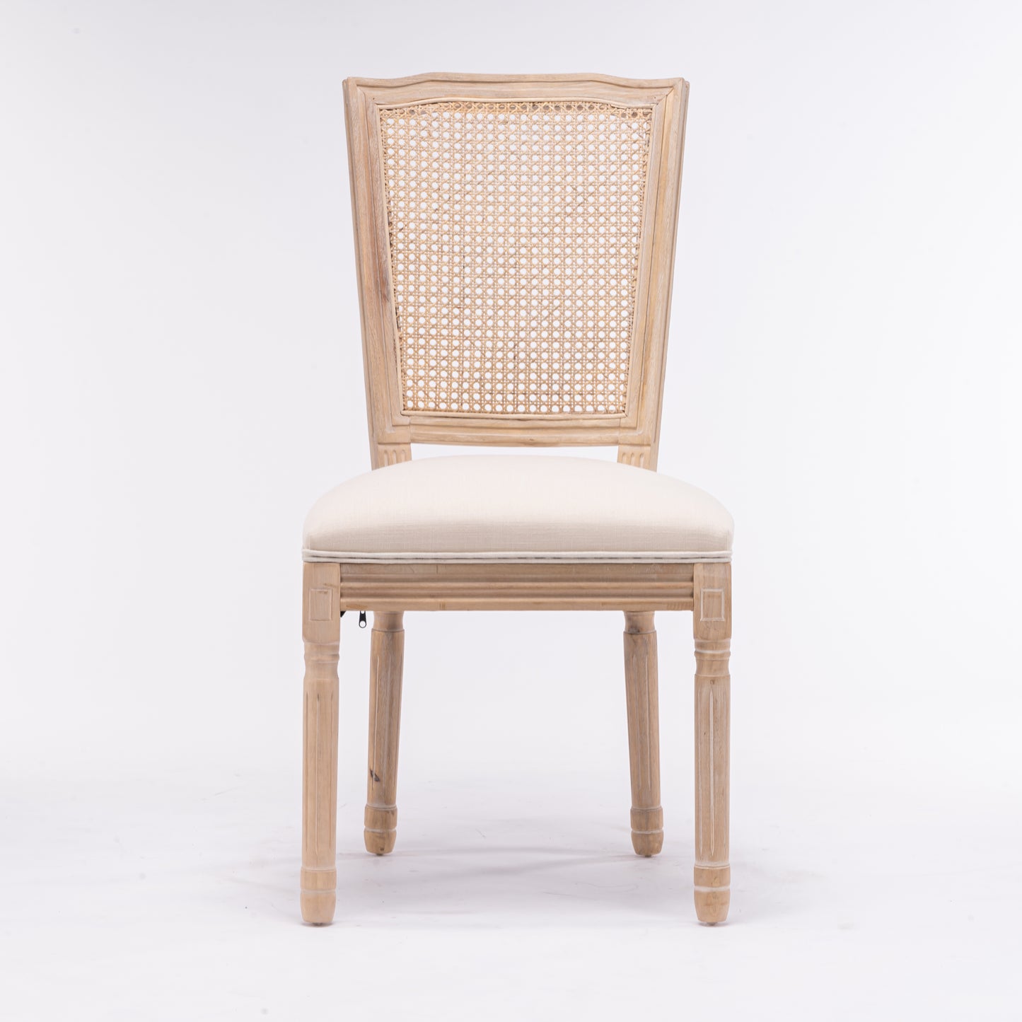 French Style Solid Wood Frame Linen Fabric Square Rattan Back Dining Chair,Set of 2,Cream