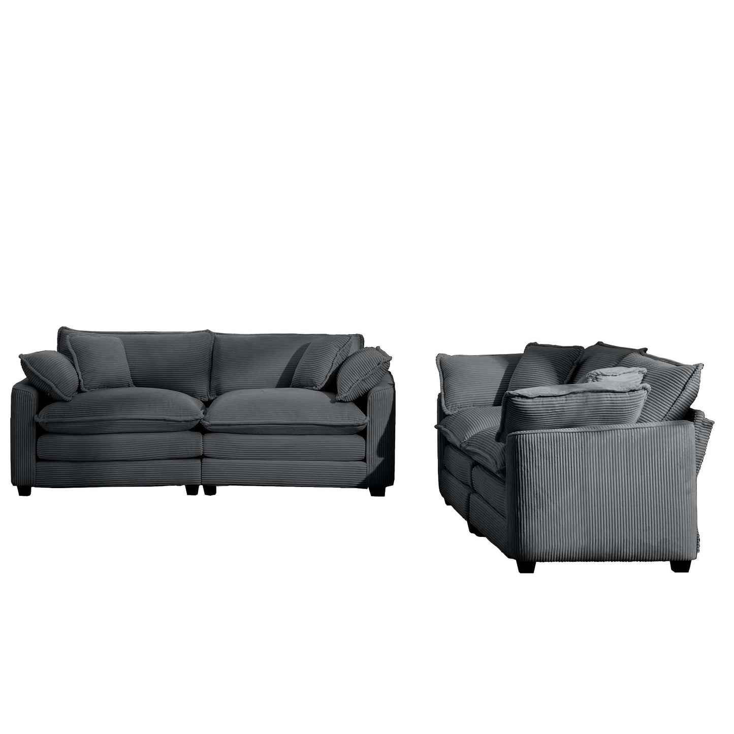 Modern Fabric Living Room Sofa Two Piece Set, Two 2-Seater Sofas with 8 Cushion Upholstery Large Deep Seat Recliner, Grey Corduroy Fabric