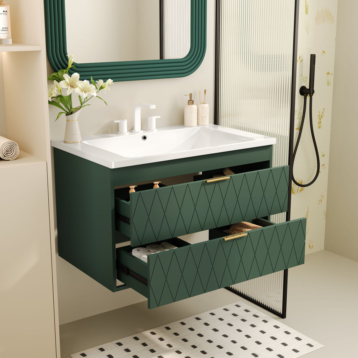 Wall Mounted Bathroom Vanity With Resin Sink, Floating Bathroom Storage Cabinet With 2 Drawers