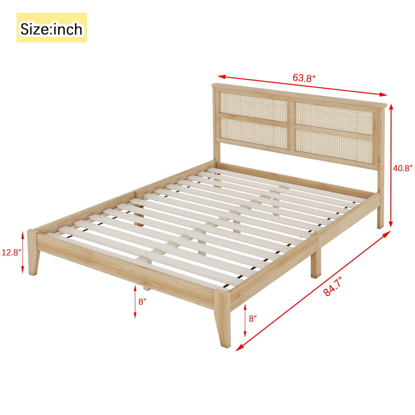 Queen Size Rubber Wooden, Solid Wooden Bed with Rattan Headboard, Enhanced by Support Feet,Oak White