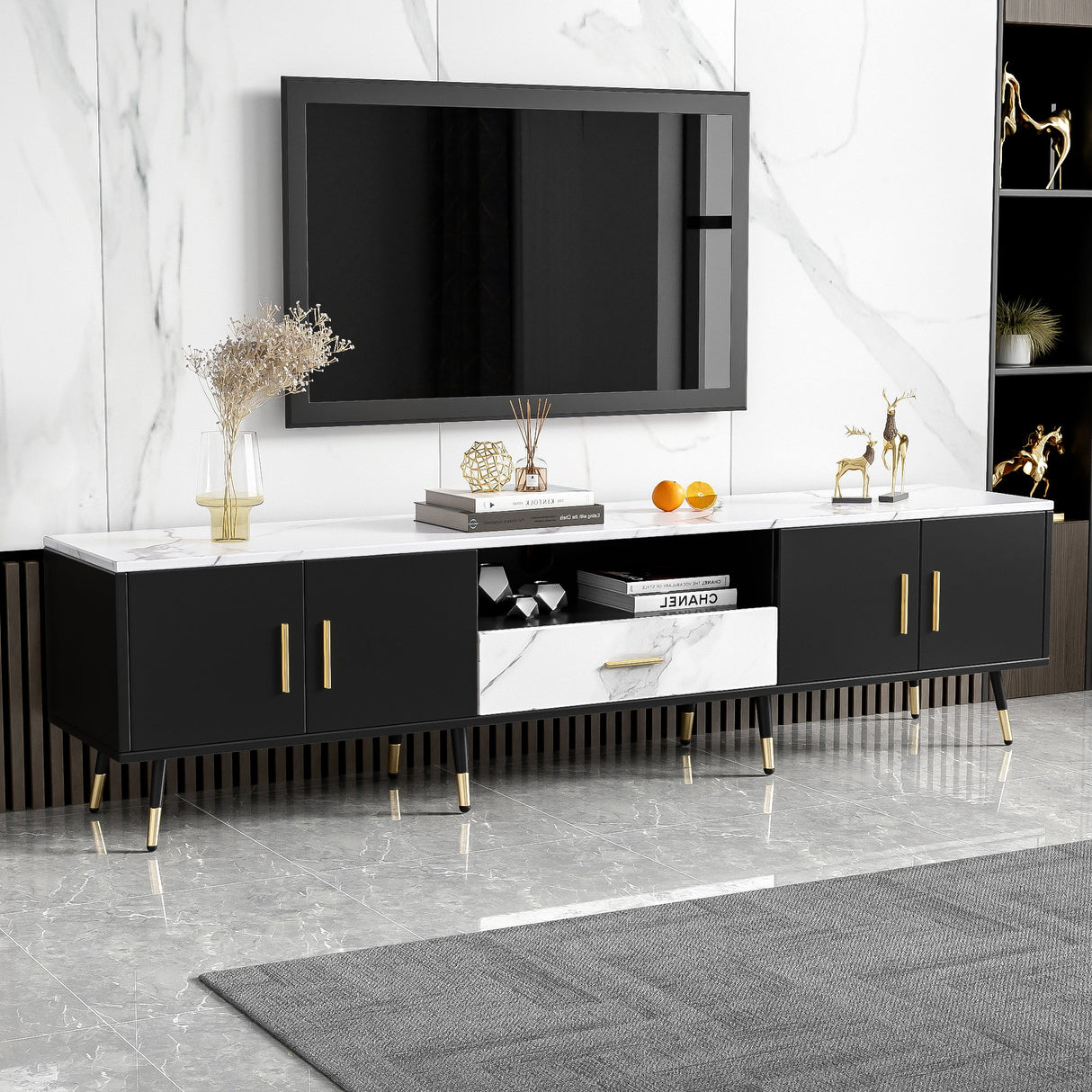 Modern TV Stand With 2 Cabinets & Open Compartments, Entertainment Center For Tvs Up To 80''