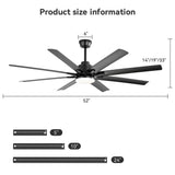 Ceiling Fan With Light 8 Blades, 18W LED 3 Color Dimmable Light, For Living Room & Bedroom - Matte Black