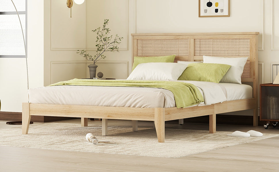 Queen Size Rubber Wooden, Solid Wooden Bed with Rattan Headboard, Enhanced by Support Feet,Oak White