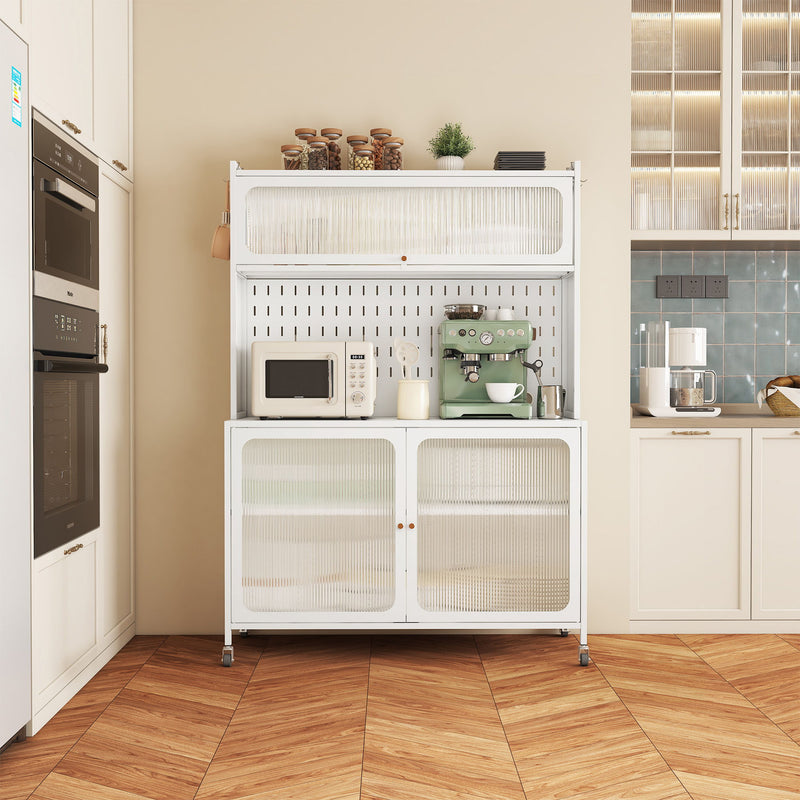 Contemporary Kitchen Pantry Cabinet With Glass Doors, Adjustable Shelves, Steel - Brushed Nickel