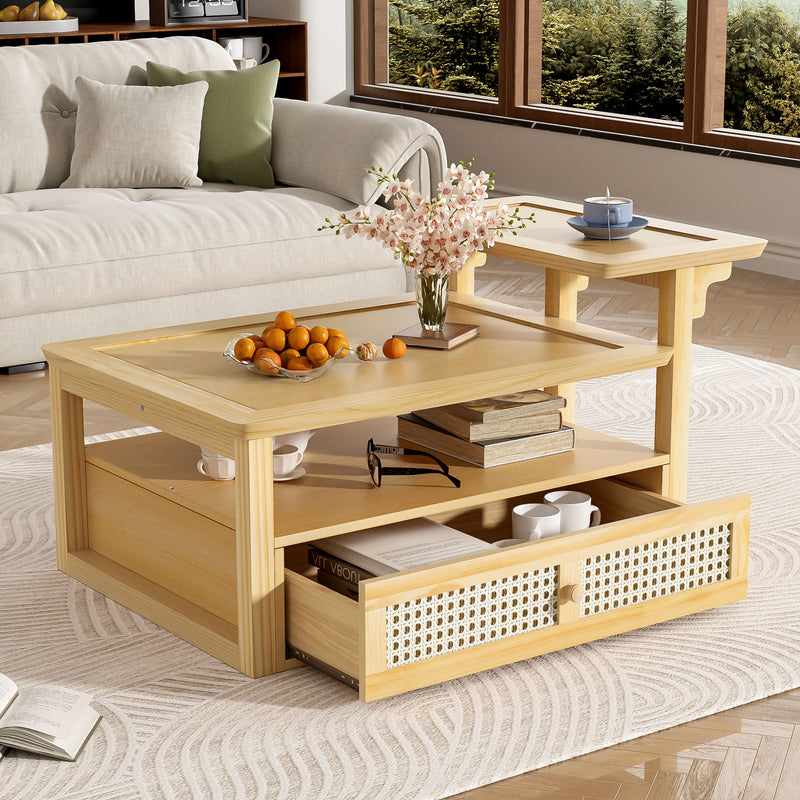 Coffee Table With 1 Storage Shelf, 2 Tabletops And 1 Rattan Drawer