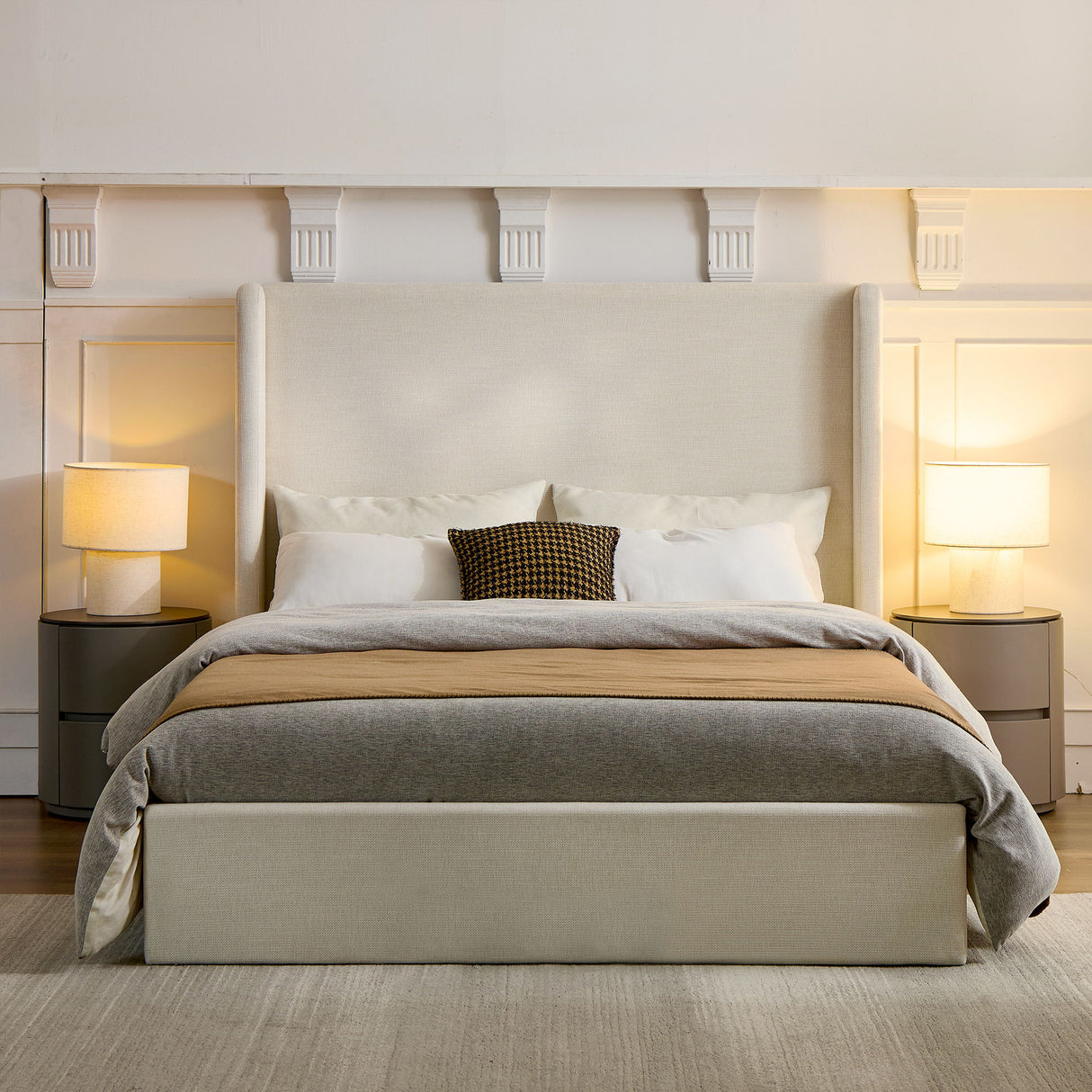 Carmen - Queen Minimalist Upholstered Wingback Bed Frame With High Headboard - Ivory