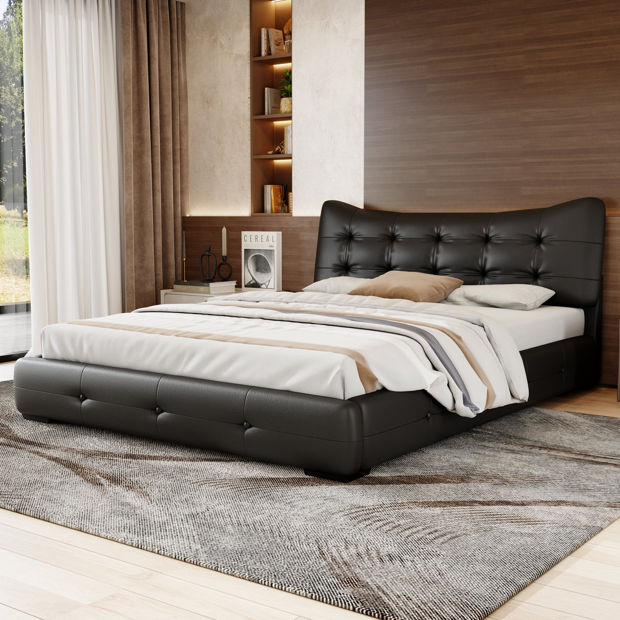 Queen Bed Modern Upholstered With Ergonomic Wingback Headboard, No Box Spring Needed - Black