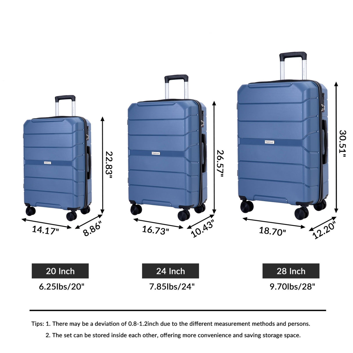 Hardshell Suitcase Spinner Wheels Pp Luggage Sets Lightweight Durable Suitcase With Tsa Lock, 3 Piece Set (20/24/28) - Blue