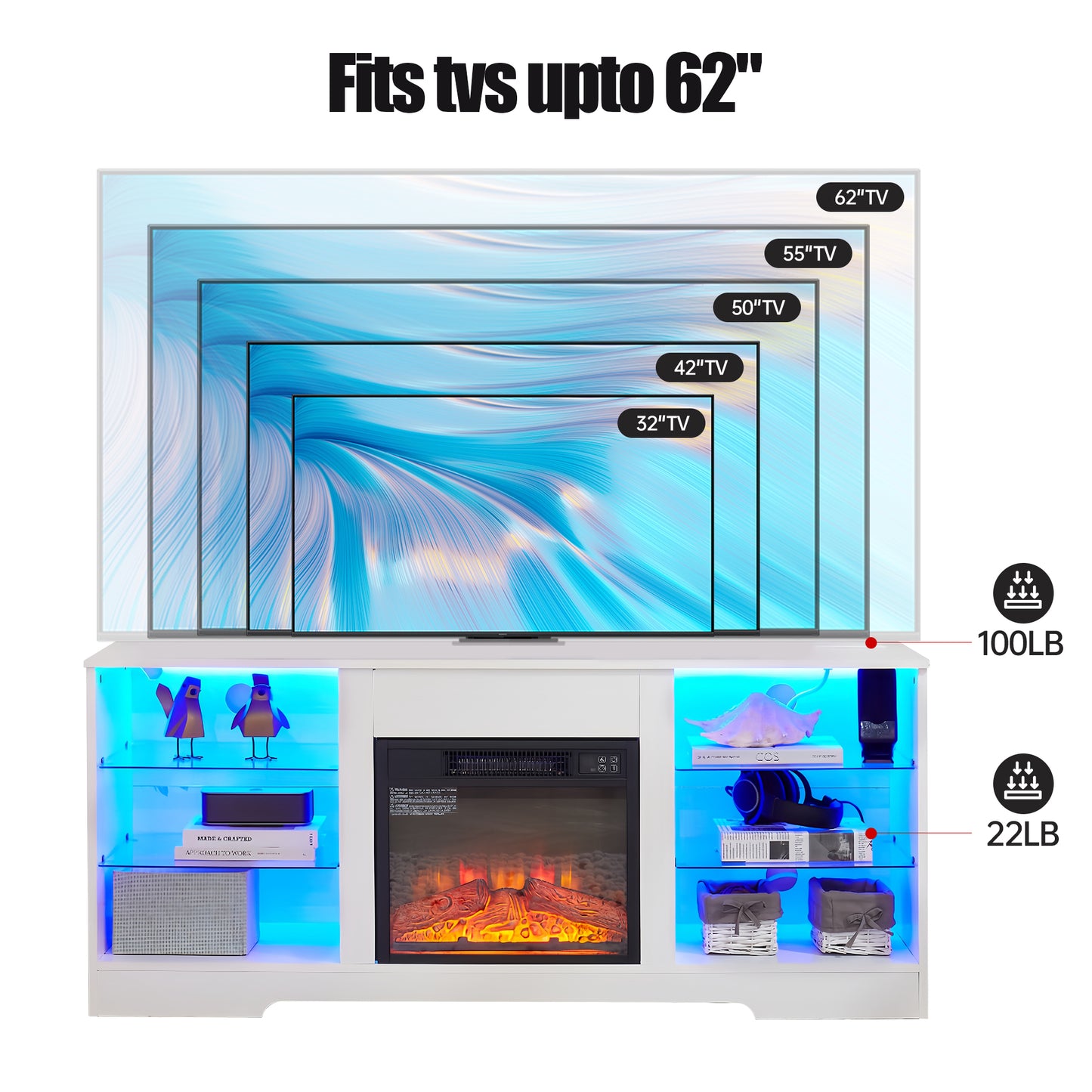 TV Stand Electric Fireplace  Glass Shelves, 3D Fireplace TV Stand with LED Lights Wood with USB Charging Outlet Modern Television Table Center for TV up to 62" White, 58''W*15.5''D*24.4