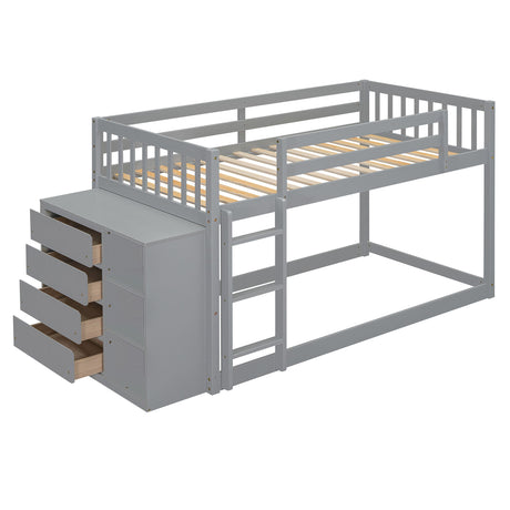 Twin Over Twin Classic Bunk Bed With 4 Drawers And 3 Shelves - Gray