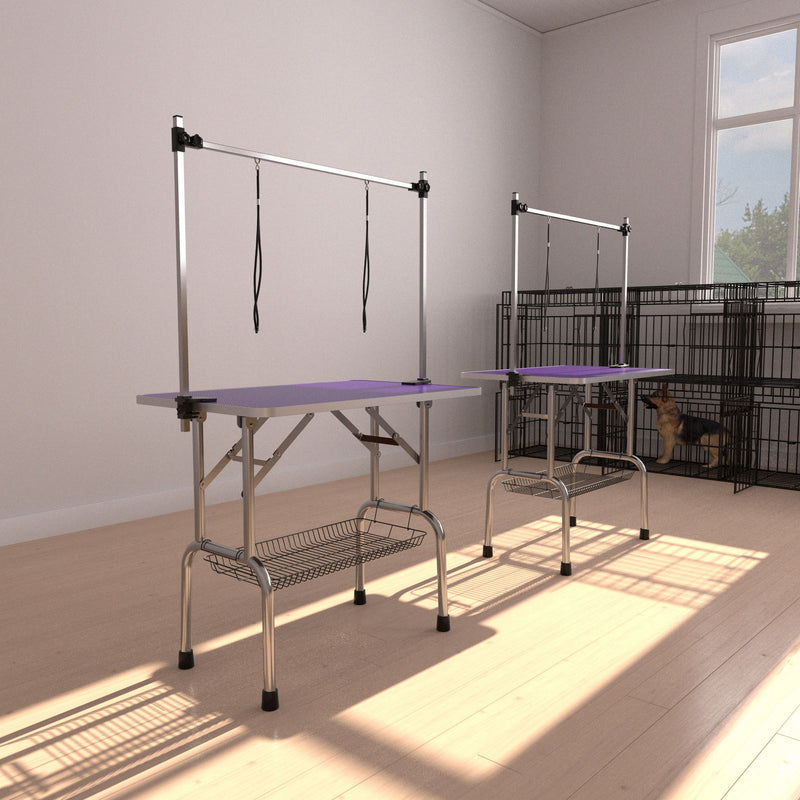 Folding Dog Pet Grooming Table Stainless Steel Frame Rubber Mat On Board With Adjustable Arm And Clamps Pet Dog Cat Grooming Table