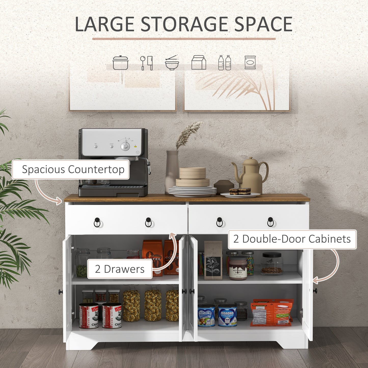 HOMCOM Sideboard, Buffet Cabinet with 2 Drawers, 2Storage Cabinets, 4 Barn-Style Doors and Adjustable Shelves, Farmhouse Buffet Table with Storage, Wood Grain Top, White