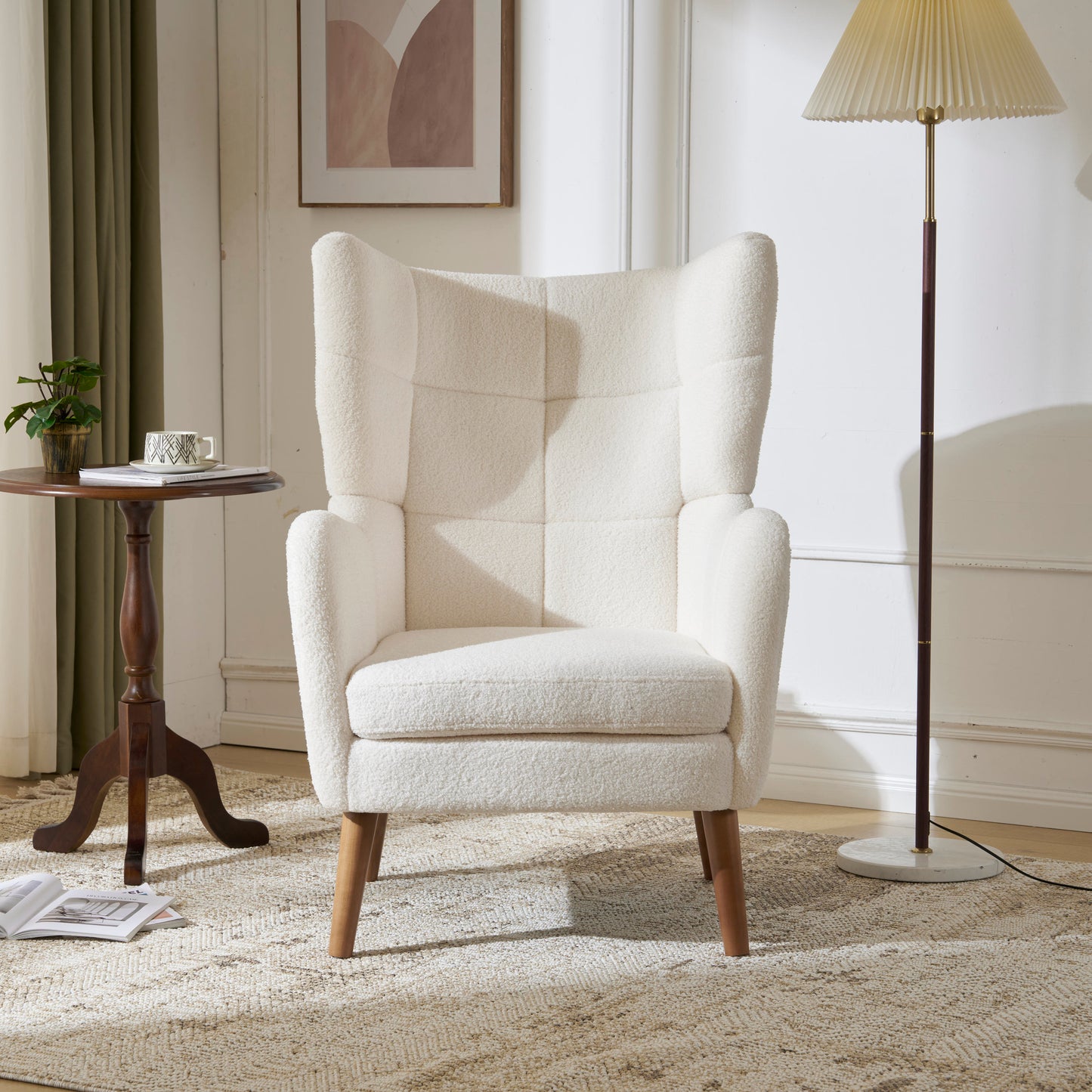 Mid-Century Ivory White High Back Accent/Club Chair with Thick Cushion, Modern Armchair with Round Arm and Birch Wood Legs, Teddy Wool Fabric, for Living Room, Office, Balcony, Bedroom and Study Room