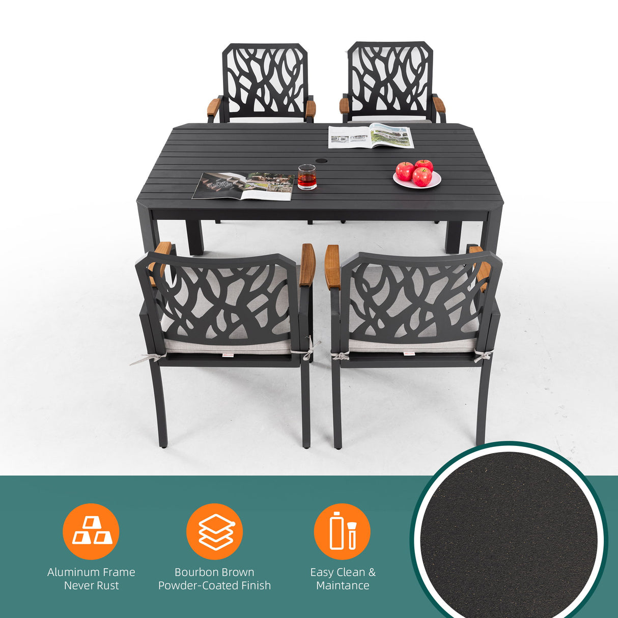5 Pieces Outdoor Patio Aluminum Furniture Set, Rectangular Table With Umbrella Hole - Bourbon Brown